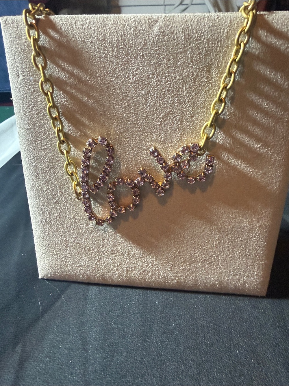 Vintage Coach Gold-Tone 'Love' Script Necklace with Pink Crystals